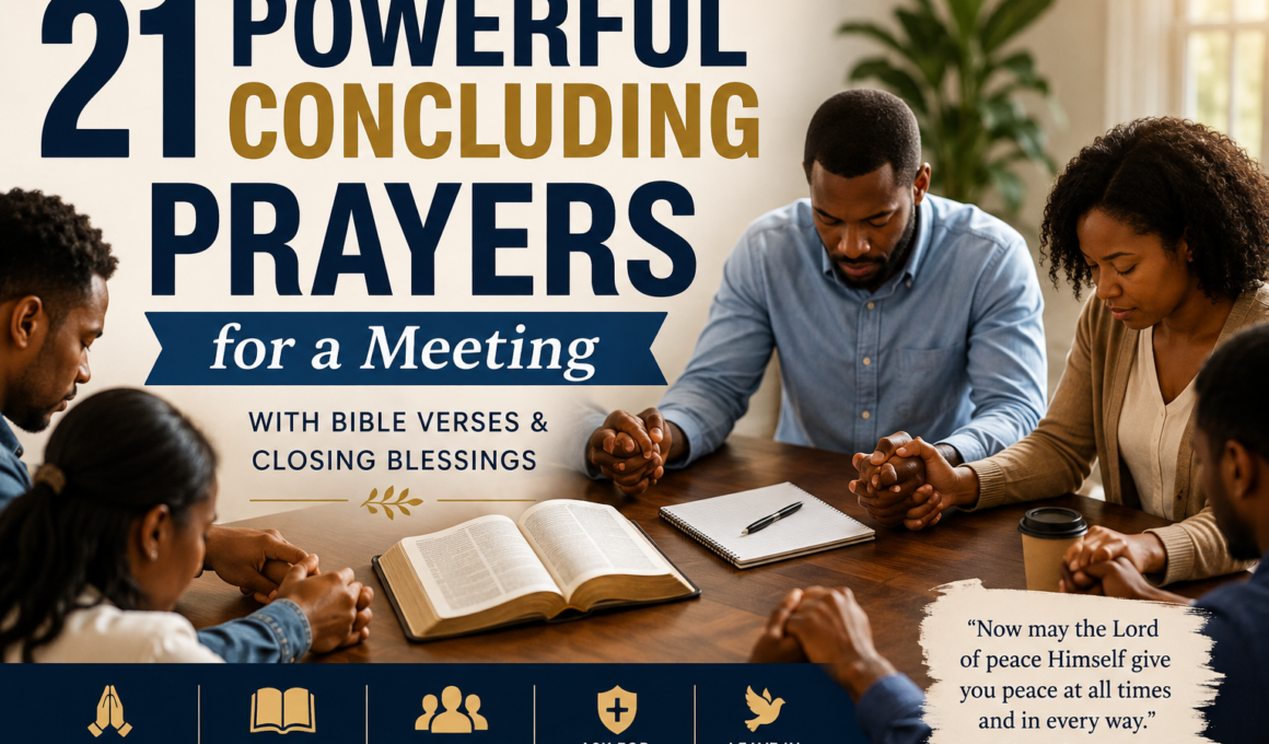 A group of Christians bowing their heads in prayer at the end of a meeting, asking God for wisdom, unity, peace, and His blessing before departing.
