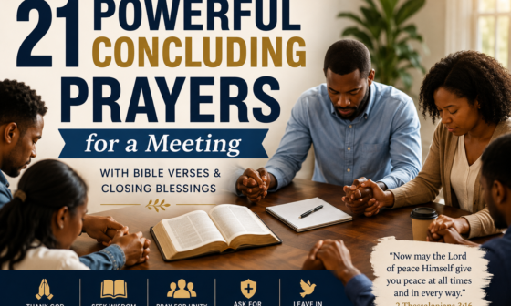 A group of Christians bowing their heads in prayer at the end of a meeting, asking God for wisdom, unity, peace, and His blessing before departing.