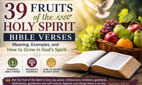 Open Bible beside a basket of fresh fruit with a white dove symbolizing the Holy Spirit, illustrating Bible verses about the fruits of the Spirit and Christian spiritual growth.