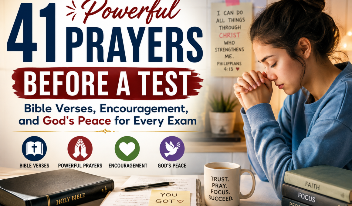 Student praying before an exam with an open Bible, representing 41 powerful prayers before a test, Bible verses, encouragement, and God's peace for every exam.