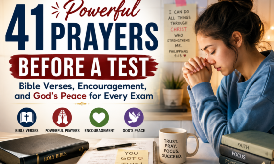 Student praying before an exam with an open Bible, representing 41 powerful prayers before a test, Bible verses, encouragement, and God's peace for every exam.
