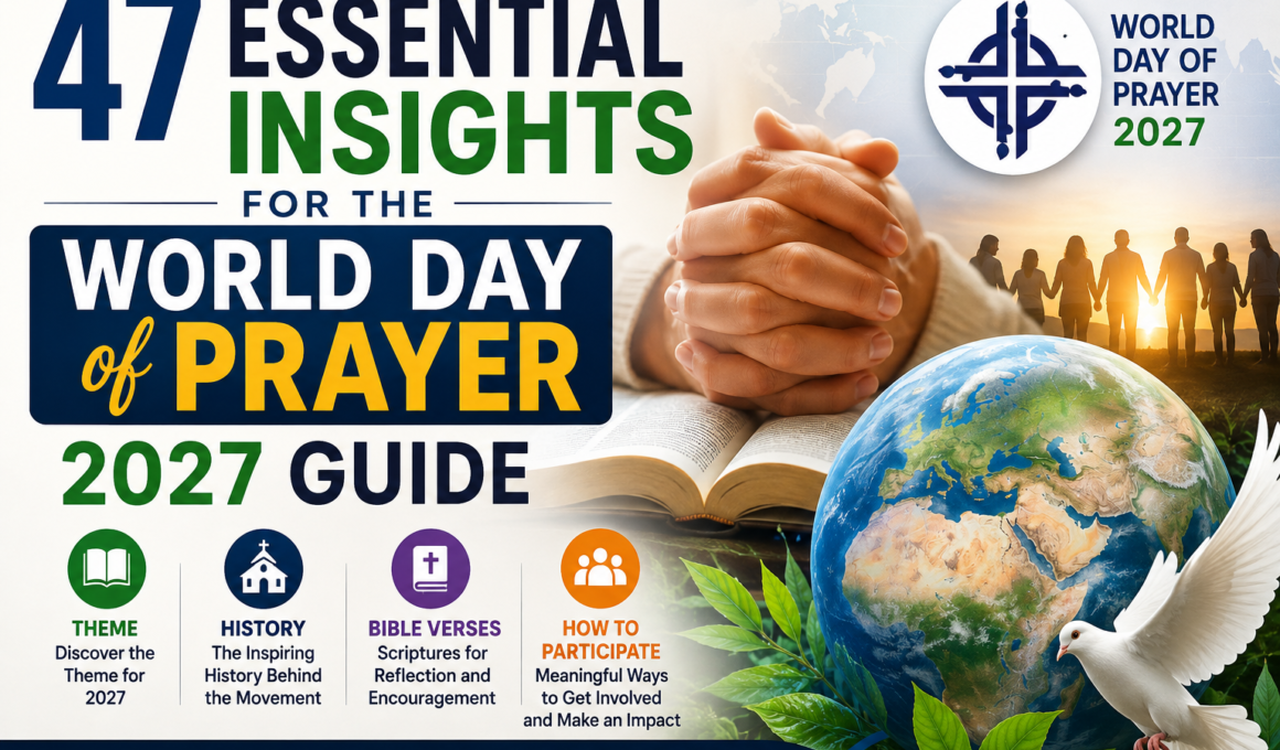 Praying hands on an open Bible with a globe, dove, and Christians praying together, illustrating the World Day of Prayer 2027 guide featuring the theme, history, Bible verses, and ways to participate.