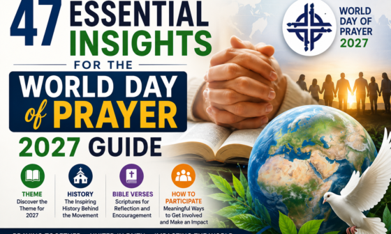 Praying hands on an open Bible with a globe, dove, and Christians praying together, illustrating the World Day of Prayer 2027 guide featuring the theme, history, Bible verses, and ways to participate.