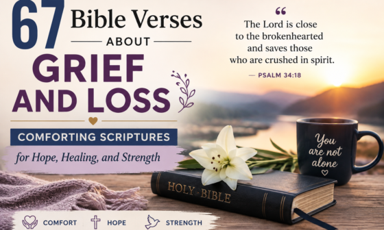 Open Bible with a white lily at sunrise symbolizing hope, comfort, and healing for those grieving, representing 67 Bible verses about grief and loss.