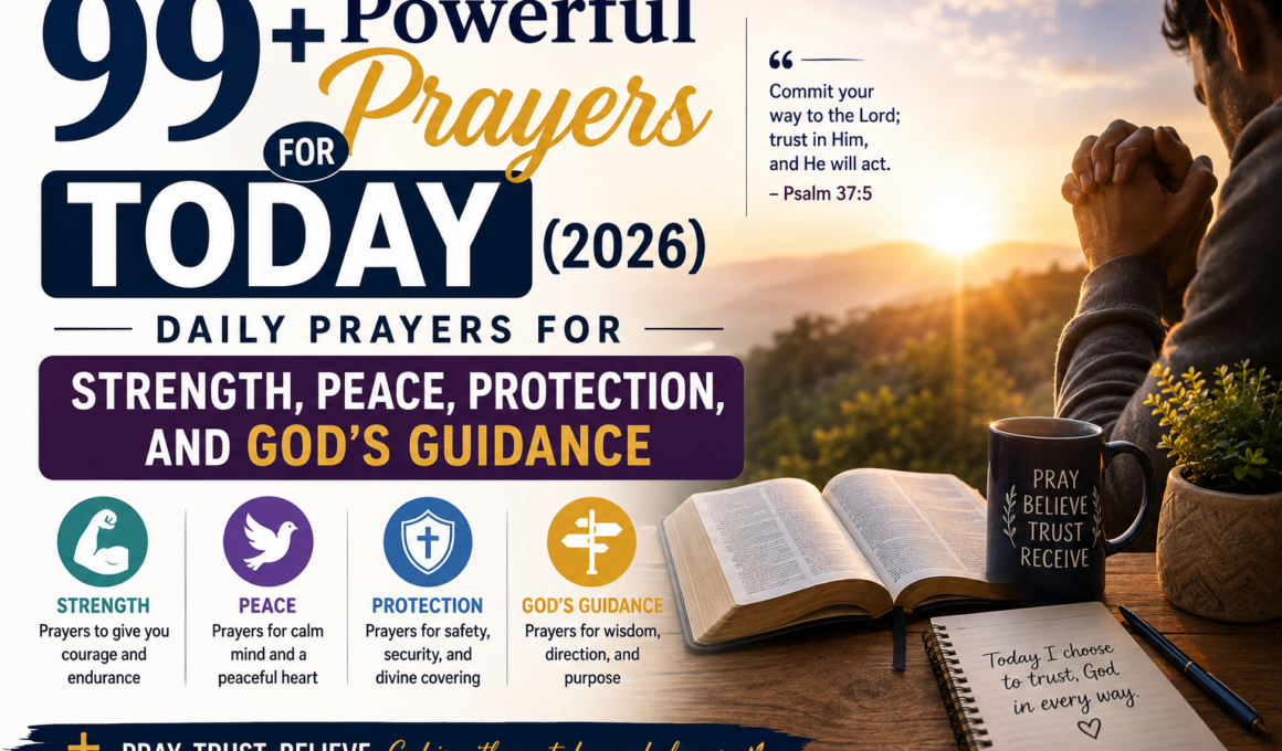 A Christian praying beside an open Bible at sunrise with the title "99+ Powerful Prayers for Today (2026)," representing daily prayers for strength, peace, protection, and God's guidance.