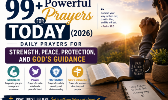 A Christian praying beside an open Bible at sunrise with the title "99+ Powerful Prayers for Today (2026)," representing daily prayers for strength, peace, protection, and God's guidance.
