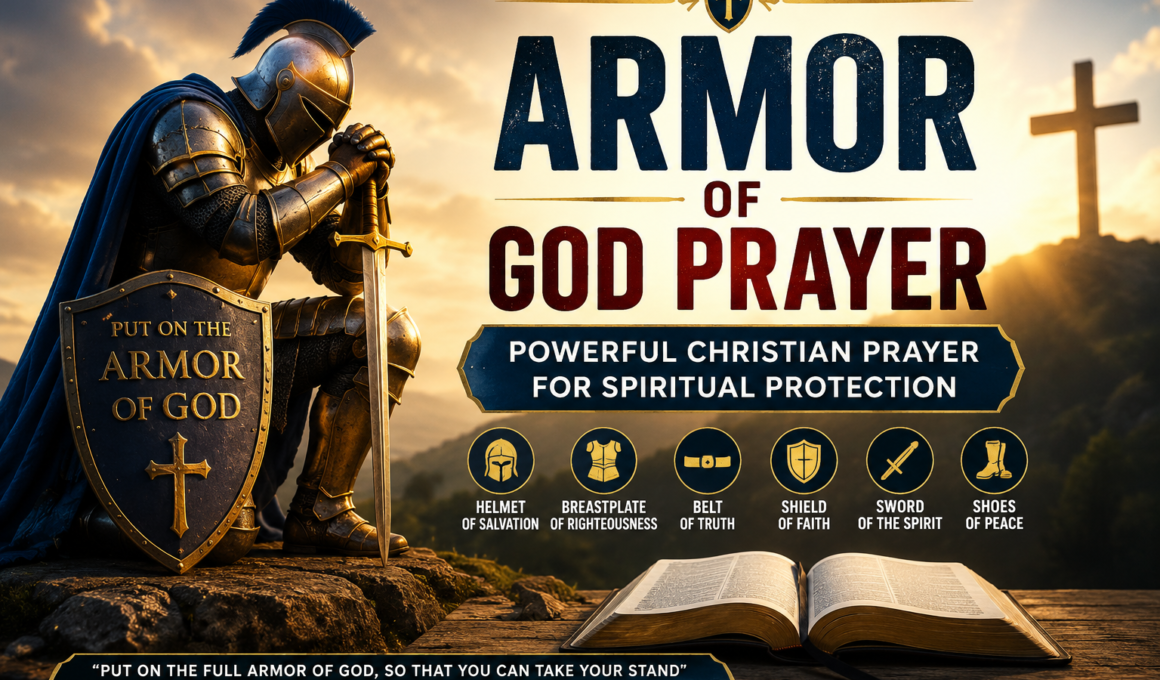 Armor of God prayer for spiritual protection with a Christian knight, shield, sword, Bible, and cross