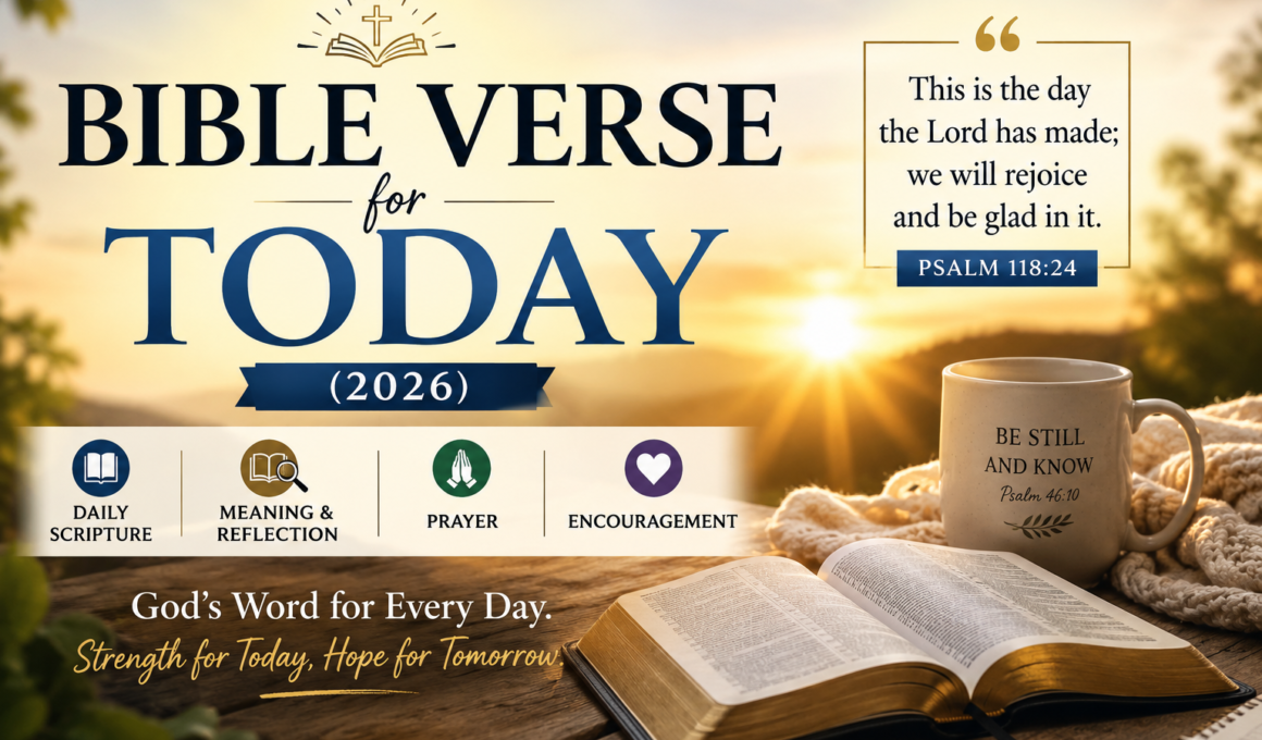Open Bible at sunrise with the text "Bible Verse for Today (2026): Daily Scripture, Meaning, Prayer, and Encouragement" on a Christian blog feature image.