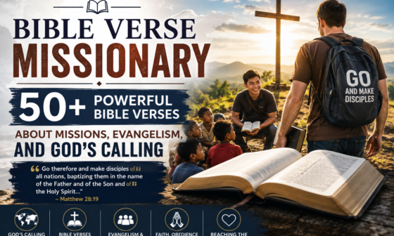 Christian missionary sharing the Bible with children near a cross, representing Bible verses about missions, evangelism, discipleship, and God's calling to reach the nations.