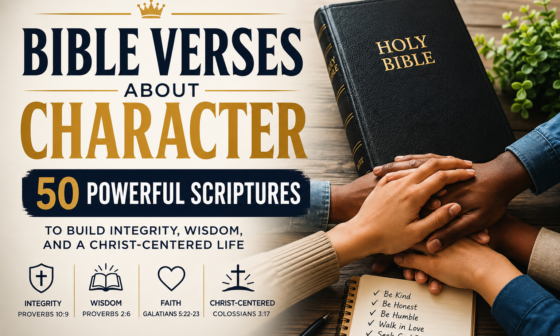 Bible Verses About Character – 50 powerful Scriptures to build integrity, wisdom, humility, and a Christ-centered life with an open Holy Bible and hands united in prayer.