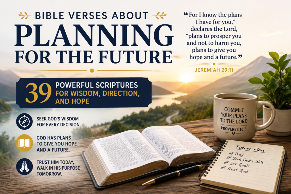 Bible verses about planning for the future with an open Bible and a future planning notebook