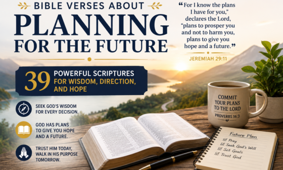 Bible verses about planning for the future with an open Bible and a future planning notebook