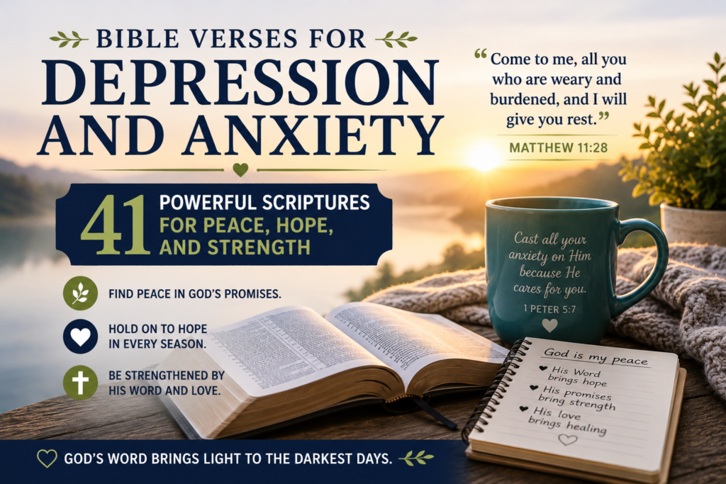Bible verses for depression and anxiety with an open Bible and peaceful sunrise
