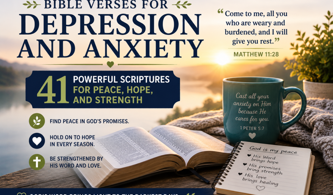 Bible verses for depression and anxiety with an open Bible and peaceful sunrise