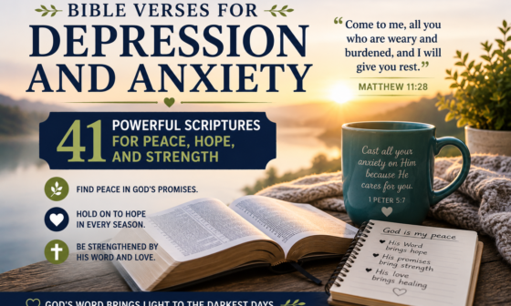 Bible verses for depression and anxiety with an open Bible and peaceful sunrise
