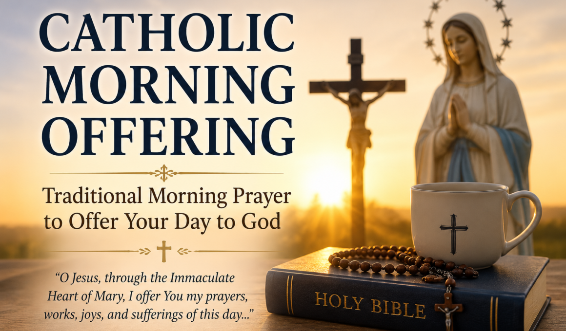 Catholic Morning Offering prayer with a Holy Bible, rosary beads, crucifix, and sunrise representing a traditional morning prayer to offer your day to God.