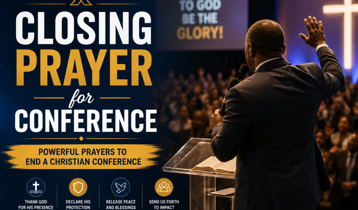 Closing prayer for a Christian conference with a pastor praying before a worshiping congregation
