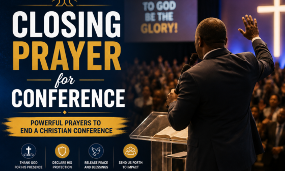 Closing prayer for a Christian conference with a pastor praying before a worshiping congregation