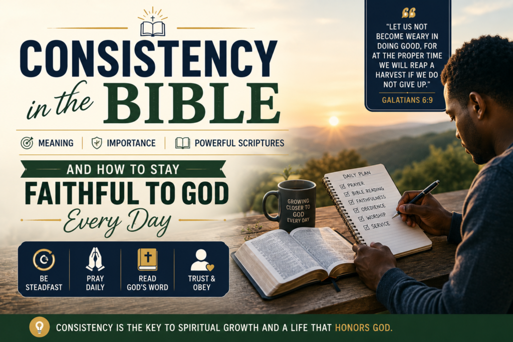 A Christian studying an open Bible and planning a daily devotional routine, representing consistency in the Bible and staying faithful to God every day.