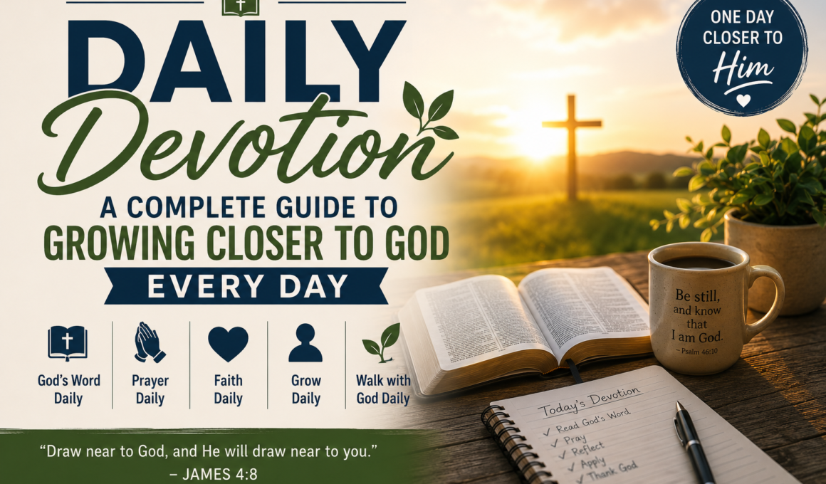 Daily devotion guide with a woman praying beside an open Bible