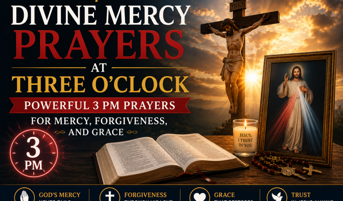 Divine Mercy prayers at three o'clock with Jesus, a cross, rosary, candle, and open Bible