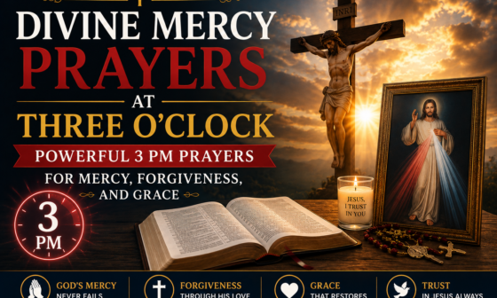 Divine Mercy prayers at three o'clock with Jesus, a cross, rosary, candle, and open Bible