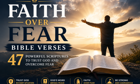 Faith over fear Bible verses with an open Bible and person trusting God