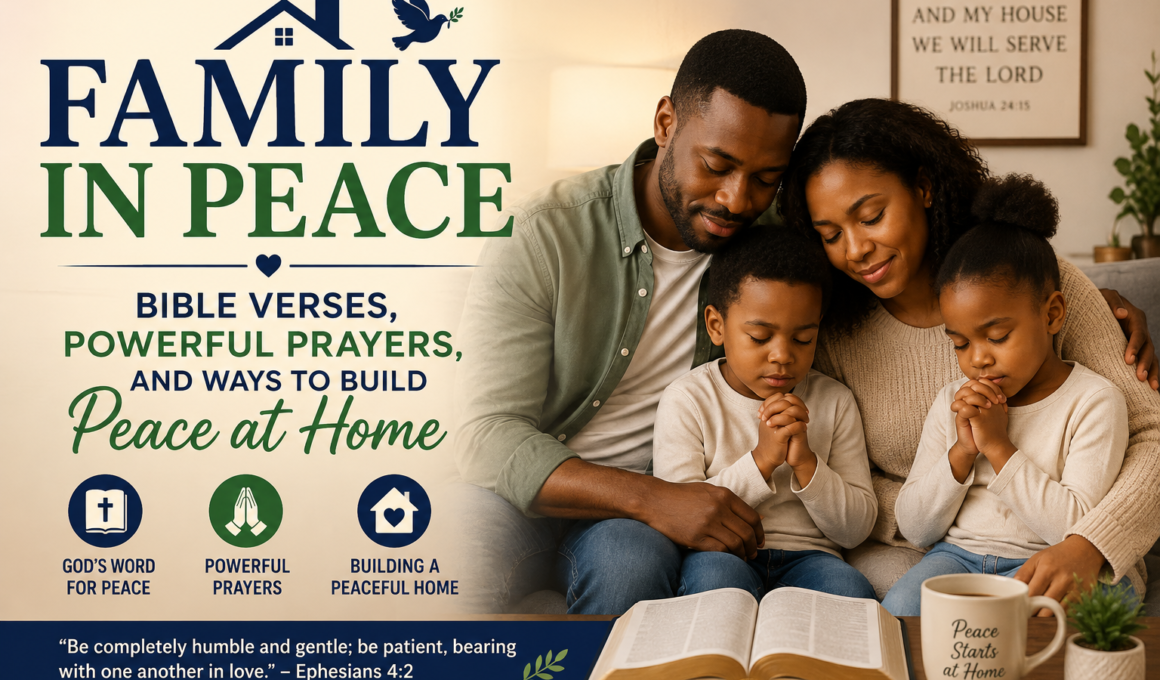 Family praying together at home for peace, with Bible verses and powerful prayers for family unity