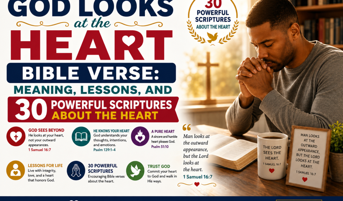Christian praying beside an open Bible illustrating God looks at the heart Bible verse with 30 powerful Scriptures about the heart, its meaning, and biblical lessons.