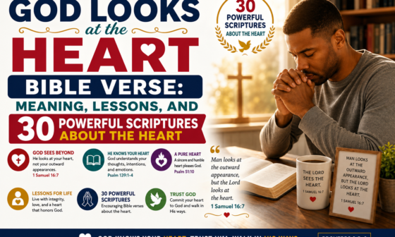 Christian praying beside an open Bible illustrating God looks at the heart Bible verse with 30 powerful Scriptures about the heart, its meaning, and biblical lessons.