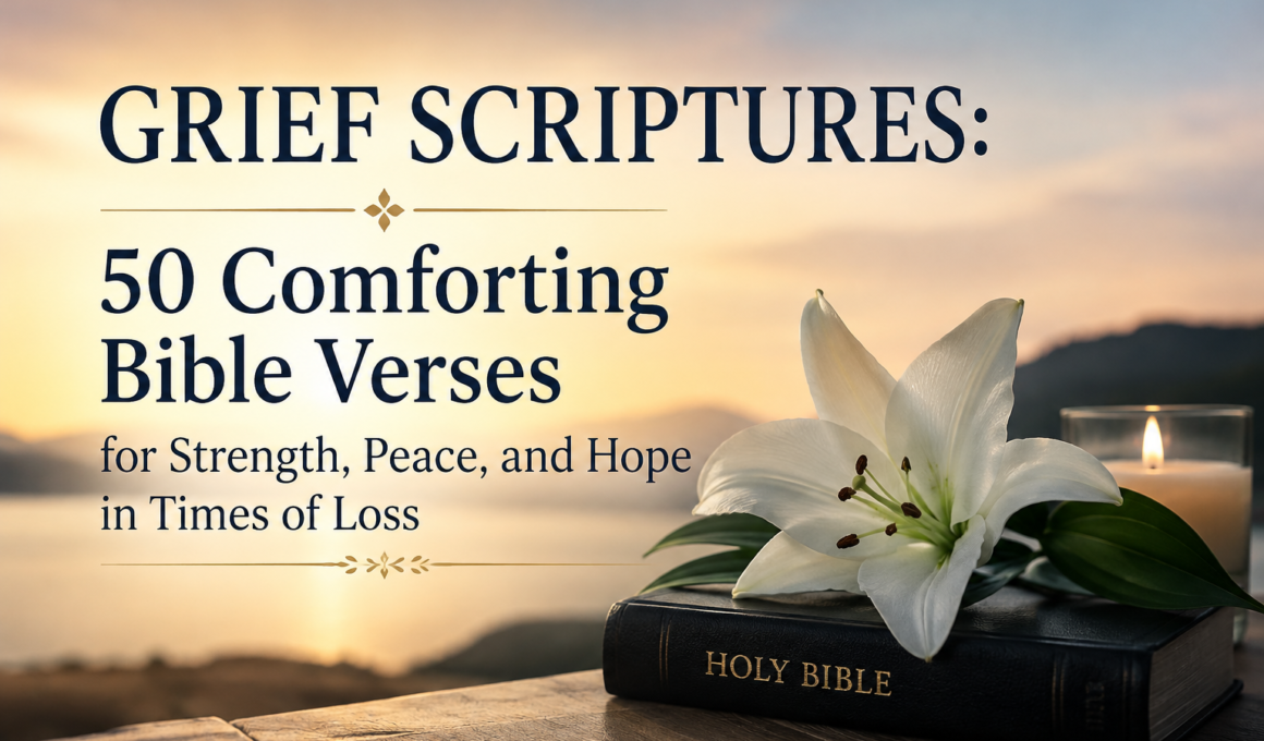 Open Holy Bible with a white lily and candle symbolizing comfort and hope during grief, representing 50 comforting Bible verses for strength, peace, and hope in times of loss.