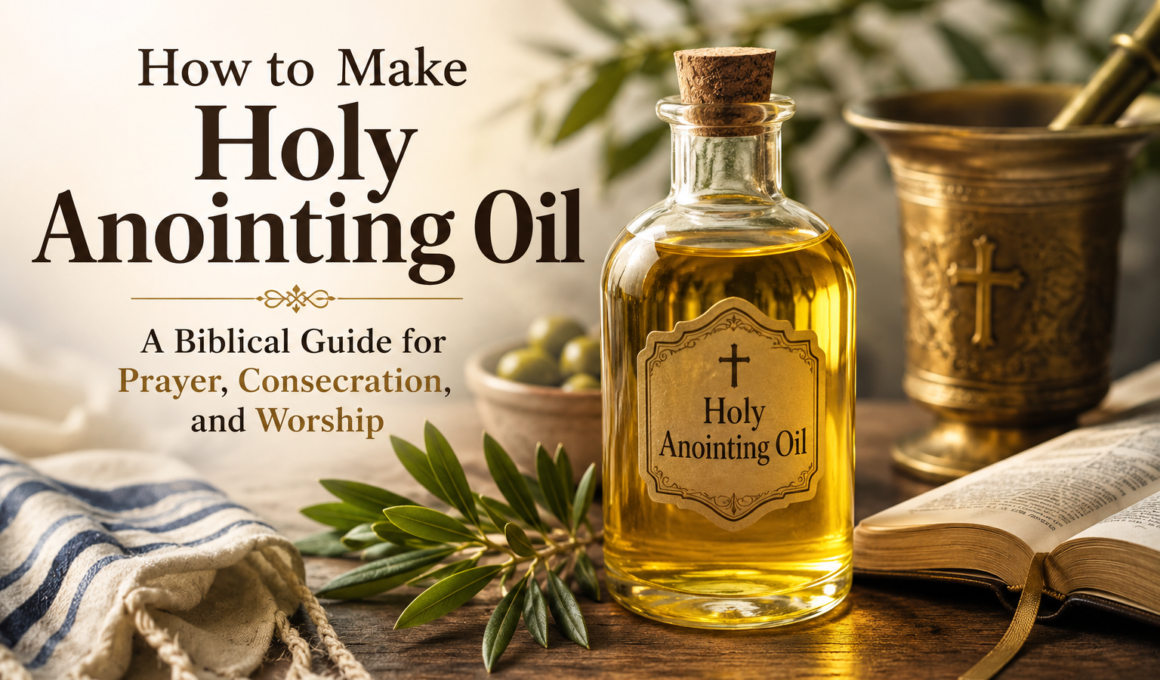 Bottle of holy anointing oil beside an open Bible, olive branches, and worship items representing a biblical guide to making holy anointing oil for prayer, consecration, and worship.