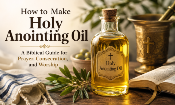 Bottle of holy anointing oil beside an open Bible, olive branches, and worship items representing a biblical guide to making holy anointing oil for prayer, consecration, and worship.