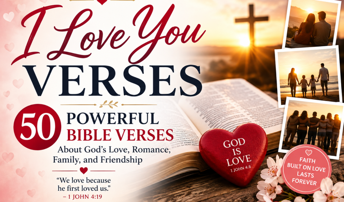 I Love You Verses feature image with an open Bible, heart symbol, cross at sunrise, and scenes representing God's love, romance, family, and friendship.