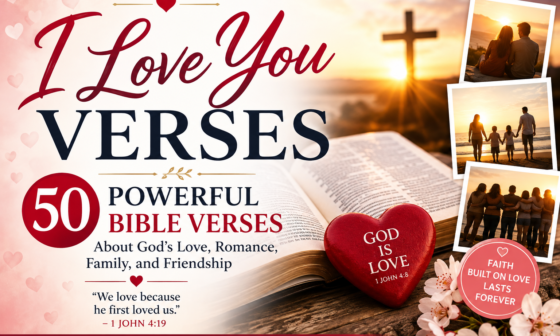 I Love You Verses feature image with an open Bible, heart symbol, cross at sunrise, and scenes representing God's love, romance, family, and friendship.