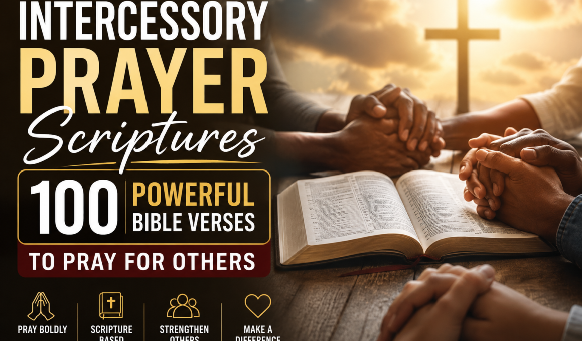 Open Bible with believers praying together, representing 100 powerful intercessory prayer scriptures and Bible verses to pray for others in faith.