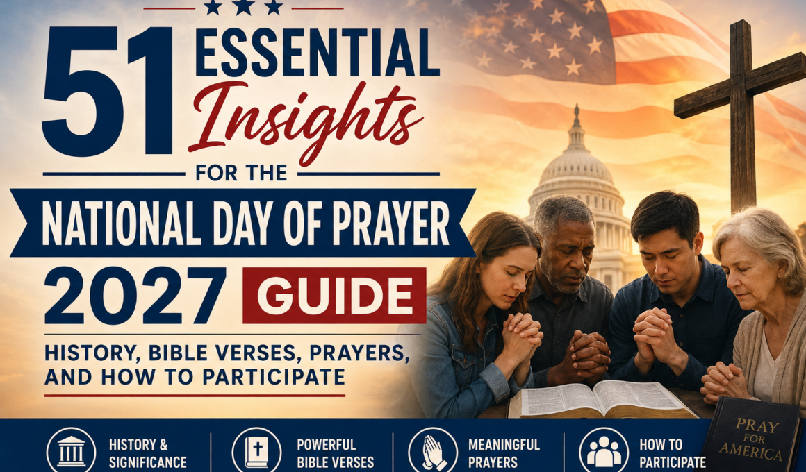 National Day of Prayer 2027 guide with Bible, cross, American flag, and people praying