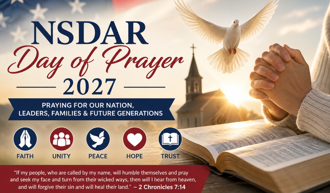 NSDAR Day of Prayer 2027 feature image showing praying hands over an open Bible, a church at sunrise, a white dove, and the American flag symbolizing faith, unity, and prayer for the nation.