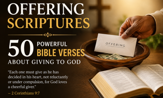Offering Scriptures feature image showing a Bible, offering bowl, and hand giving an offering with the title "50 Powerful Bible Verses About Giving to God."