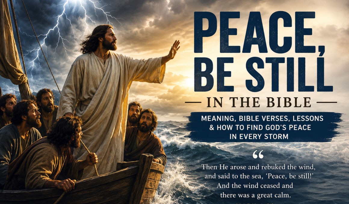 Jesus standing in a boat calming a violent storm on the Sea of Galilee while frightened disciples watch, illustrating the Bible story of "Peace, Be Still" from Mark 4:39.