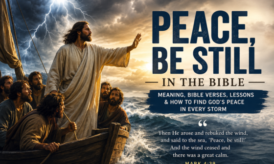 Jesus standing in a boat calming a violent storm on the Sea of Galilee while frightened disciples watch, illustrating the Bible story of "Peace, Be Still" from Mark 4:39.