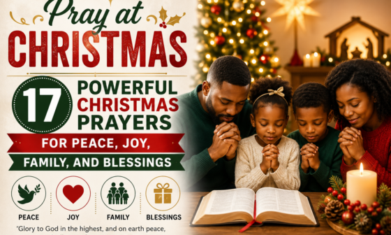 Family praying together at Christmas with powerful prayers for peace, joy, family, and blessings
