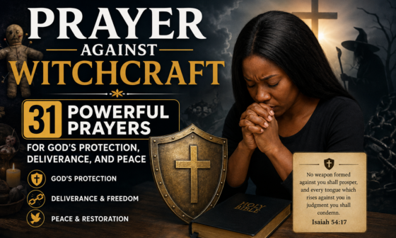 Woman praying for protection and deliverance from witchcraft with a Bible and cross