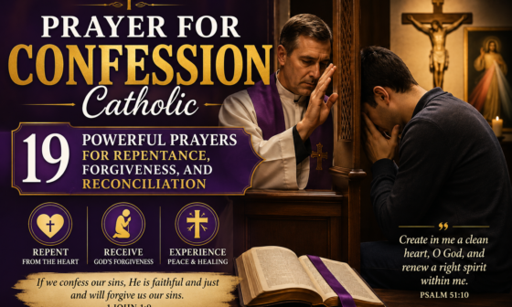Catholic priest hearing confession from a penitent man with prayers for repentance, forgiveness, and reconciliation
