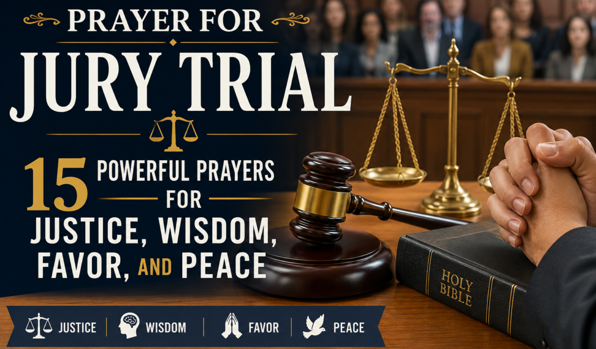 Prayer for jury trial with a gavel, scales of justice, Holy Bible, and praying hands