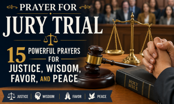 Prayer for jury trial with a gavel, scales of justice, Holy Bible, and praying hands
