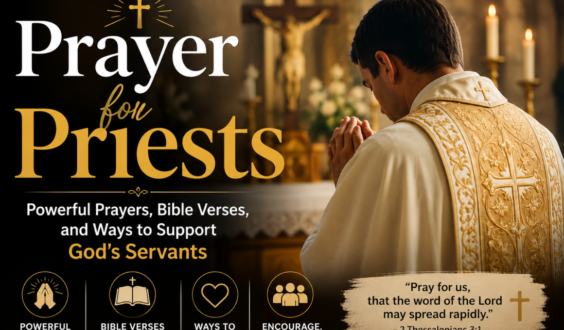 Catholic priest kneeling in prayer before the altar with a cross, representing powerful prayers for priests, Bible verses, spiritual guidance, and support for God's servants.