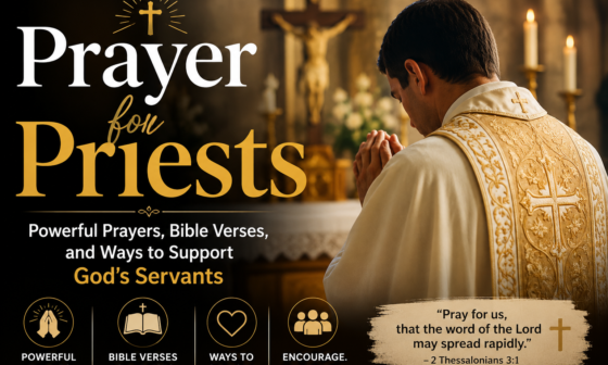 Catholic priest kneeling in prayer before the altar with a cross, representing powerful prayers for priests, Bible verses, spiritual guidance, and support for God's servants.
