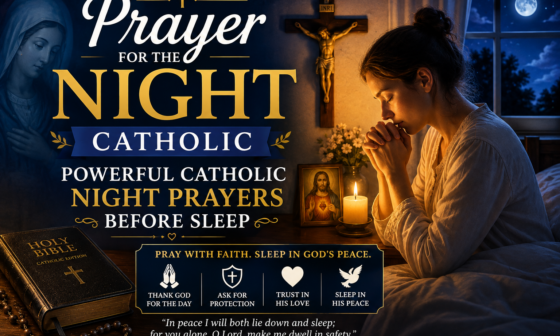 Prayer for the night Catholic with a woman praying beside a crucifix, Bible, rosary, and candle before sleep