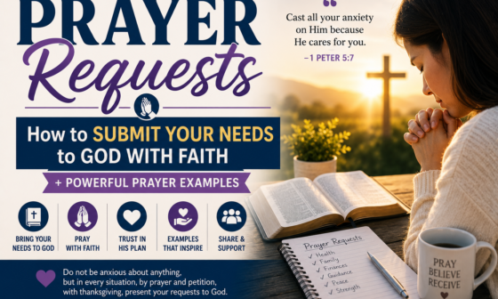 Woman praying beside an open Bible for prayer requests and faith